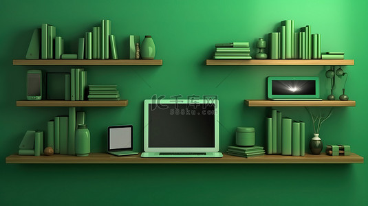 绿色墙架横幅，配有数字设备电脑笔记本电脑手机和平板电脑 3D 插图