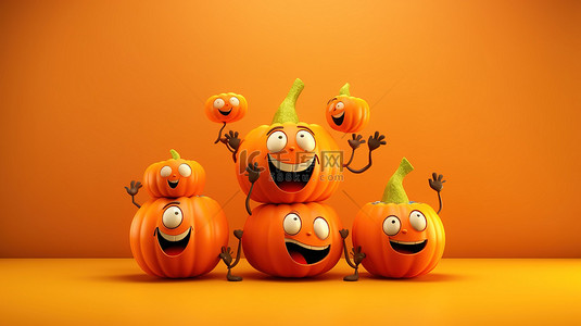 充满活力的橙色背景上带着笑脸的快乐南瓜的 3D 渲染