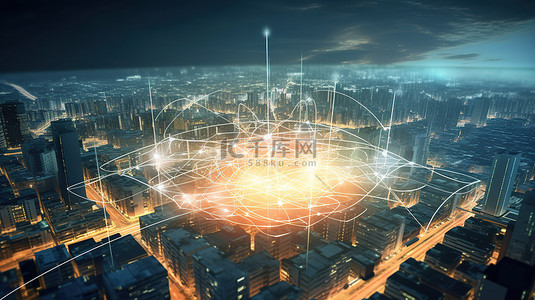 科技全球互联网背景图片_城市背景下的尖端 5G 技术无线高速互联网 3D 渲染
