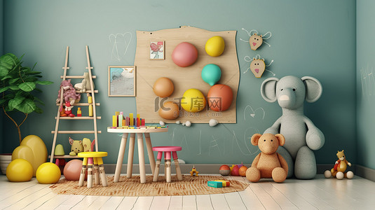儿童游戏室的插图，配有木凳毛绒动物和写字板