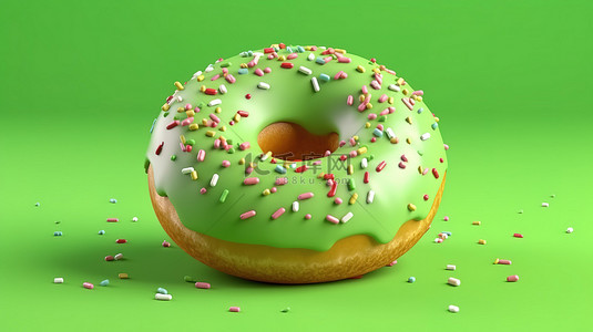 绿色背景的顶视图 3D 渲染，带有美味的冰甜甜圈和彩色洒水