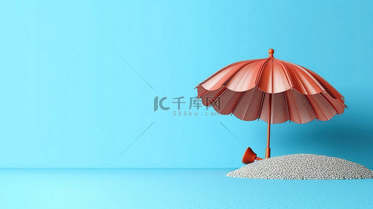 蓝色休息背景图片_蓝色背景上沙滩伞的 3D 渲染完美适合暑假主题
