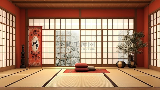 日式房间风格渲染 3D 榻榻米垫和纸窗