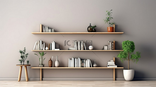 3D 渲染的简约书架搭配灰色墙壁和木地板
