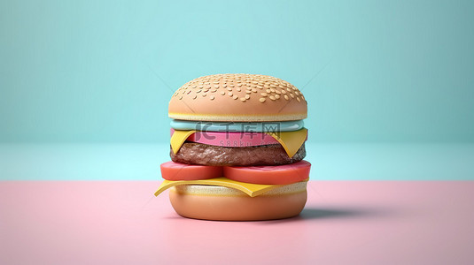 肉松汉堡背景图片_柔和的蓝色背景与 3d 最小粉色芝士汉堡