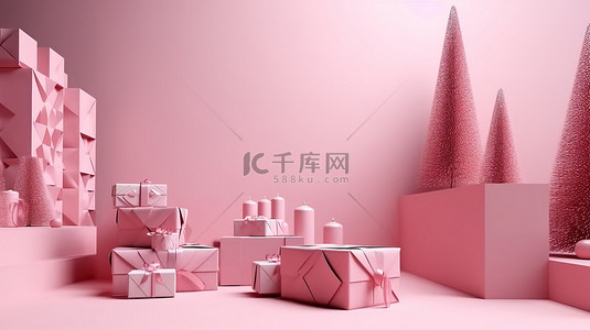 当下背景图片_圣诞节以令人惊叹的 3D 展示粉红色的讲台和礼品盒