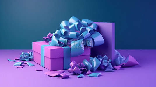美丽的紫色礼盒，配有 3D 礼物插图和蓝色背景上的缎带蝴蝶结，非常适合节日