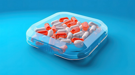 蓝色背景的 3D 插图，空白盒中带有药丸水泡