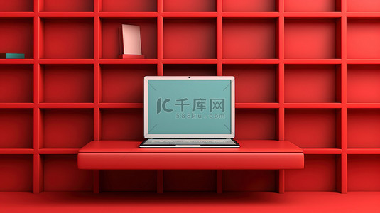 红色架子，带有方形背景笔记本电脑的 3D 插图