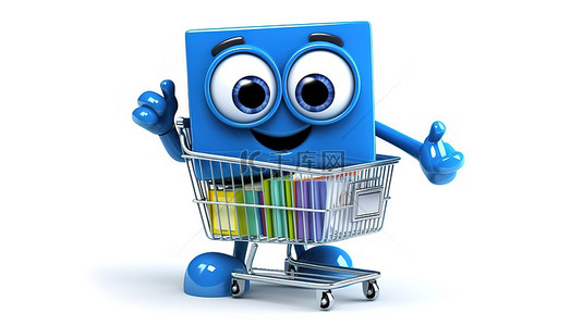 蓝皮书人物吉祥物在白色背景下推购物车的 3D 渲染