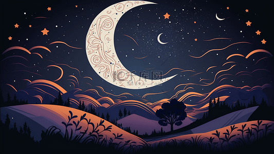 风景月色月亮星空扁平风插画背景