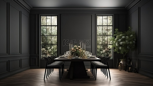 昏暗的餐厅背景图片_宽敞餐厅的 3D 渲染，带有突出的窗户和昏暗的灯光