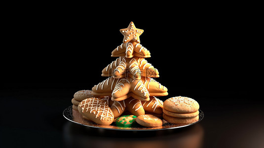 聖誕薑餅背景图片_节日圣诞树为节日提供 3D 渲染的饼干和糖果