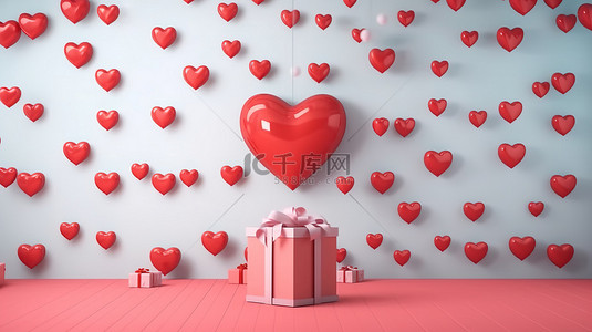 情感心形礼品盒在墙上翱翔的本质 3D 渲染情人节插图