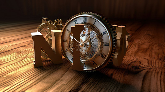 时间现在是带有时钟 3D 渲染的木制背景