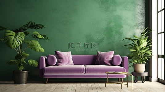 紫罗兰色沙发和白色桌子在现代时髦室内的空绿墙上闪闪发光，非常适合模型3D 渲染