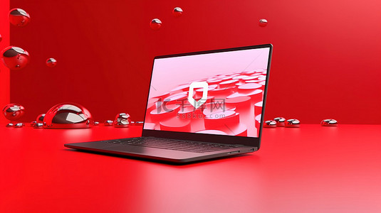 红色背景模型上笔记本电脑和 YouTube 徽标的 3D 渲染
