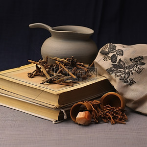 凉茶火锅背景图片_床上的凉茶和书籍