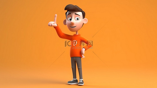 指人手势背景图片_橙色毛衣 3d 卡通人物用手向空白空间做手势