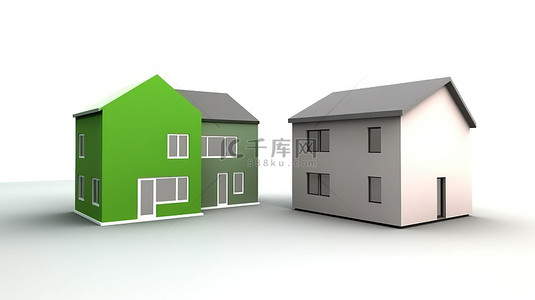 白色背景，中间有三间房子，两间灰色，一间绿色，3d 渲染