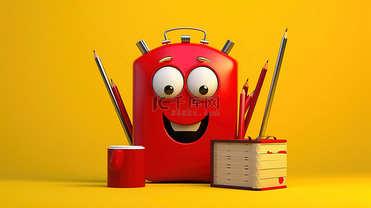 欢快的闹钟吉祥物拿着红色剪贴板笔记本和笔，在充满活力的黄色背景 3D 设计上