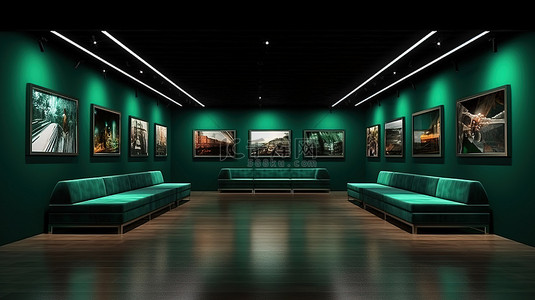 nft币背景图片_未来派画廊中的 nft 艺术展融合了深色墙壁木凳和绿色照明