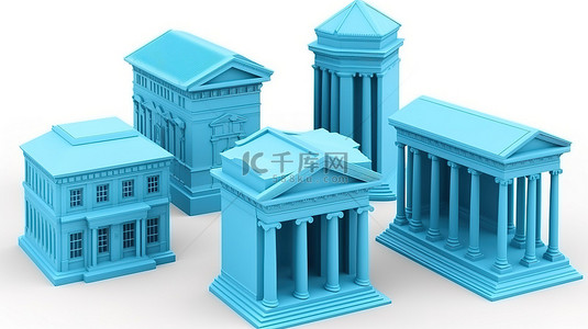 3d 渲染的蓝色银行大楼的孤立白色图标代表金融和信贷概念集