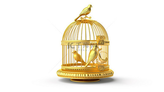 鸟巢背景图背景图片_白色背景上孤立的金色鸟笼的 3D 插图