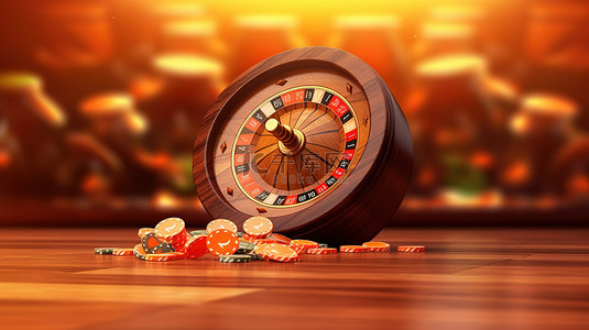 橙色背景与 3D 逼真轮盘赌轮和在线赌场木桶上的飞行硬币