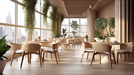 咖啡厅或餐厅中设计简洁的用餐区的时尚 3D 渲染