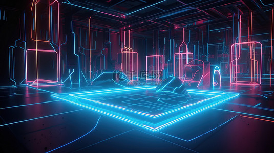 蓝背景图片_科幻霓虹仙境沉浸式 3D 渲染，蓝色和粉红色的线框地板与发光的柱子