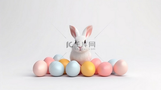 复活节背景图片_复活节快乐 3D 兔子和鸡蛋在现实设计白色背景矢量装饰