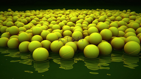 充满活力的黄色和绿色的各种网球 3d 呈现并以随机大小漂浮