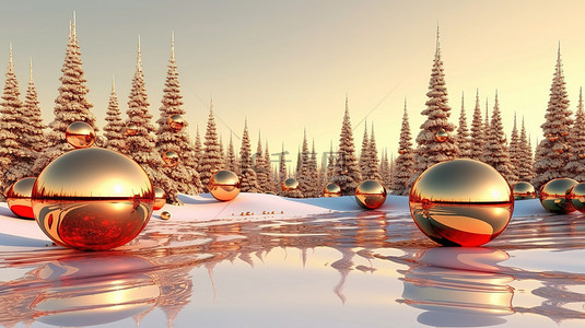 节日金色杉树装饰着红色小玩意，为圣诞节或新年假期提供 3D 渲染
