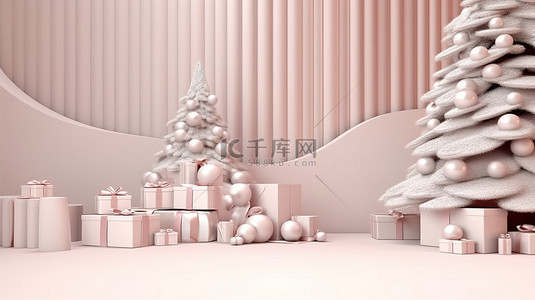 抽象红背景图片_3d 冬季仙境节日讲台，配有圣诞树和礼物