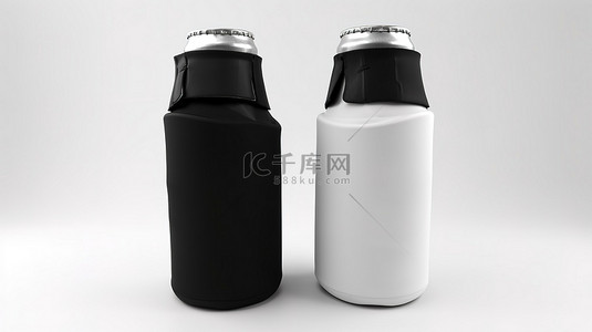 折叠床海报背景图片_单色啤酒瓶 koozie 设置可折叠和黑白隔离图像 3d 渲染