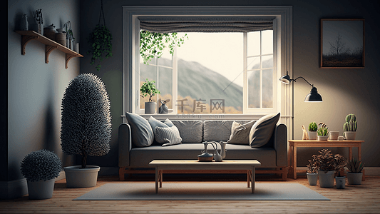 沙发小背景图片_客厅灰白色沙发小绿植简约布置