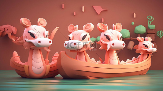 龙舟上的卡通粽子背景图片_端午节水上红色的龙舟
