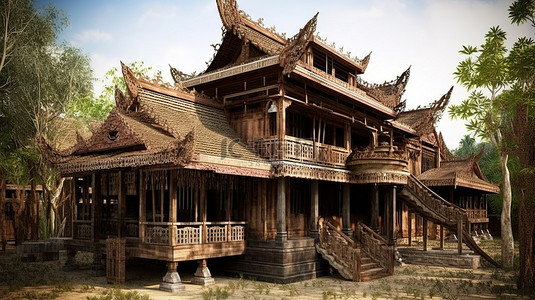 寺庙地面背景图片_在 3d 中瞥见一座古老的泰国房子