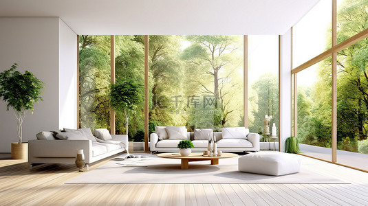 时尚的白色客厅采用 3D 渲染，可通过大窗户欣赏风景优美的森林景观