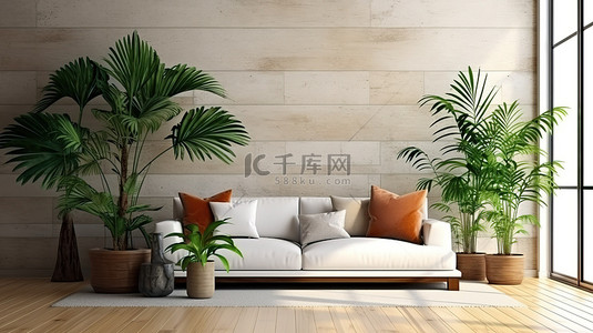 当代休息室的 3D 渲染，配有豪华沙发和郁郁葱葱的棕榈叶