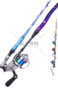 钓鱼背景图片_钓鱼竿和飞蝇钓鱼竿套装，配有两种不同类型的渔具