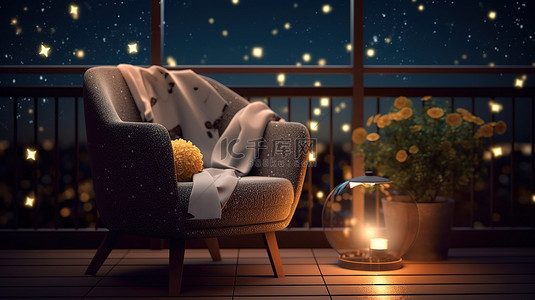 黑夜窗口背景图片_甲板上星空的扶手椅和咖啡桌的夜间照明 3D 插图