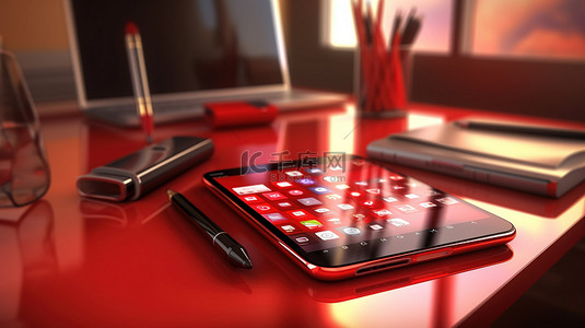 红色办公桌的 3D 插图，配有手机和平板电脑