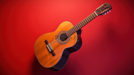 充满活力的红色背景下古典吉他的 3D 插图