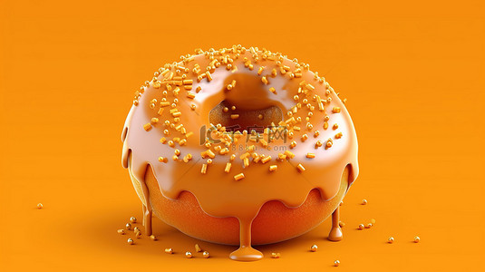 3d 渲染特写甜甜圈配料与焦糖洒在橙色背景上