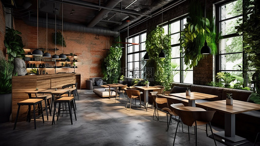 咖啡店的 3D 酒吧内部装饰着植物木桌和椅子混凝土地板和吊灯