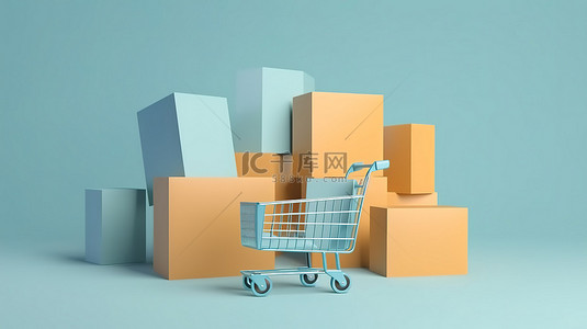 网购电脑背景图片_尖端电子商务，蓝色背景下电脑购物袋和送货箱的 3d 渲染