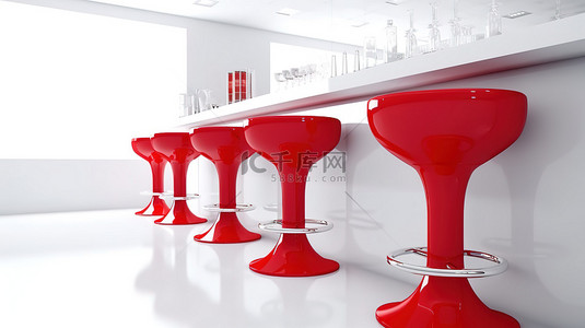 现代酒吧凳子靠近一张桌子，桌子上摆着红色热带鸡尾酒，背景是干净的白色 3D 渲染图像