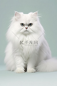 一只白色波斯猫坐在灰色背景上的图像